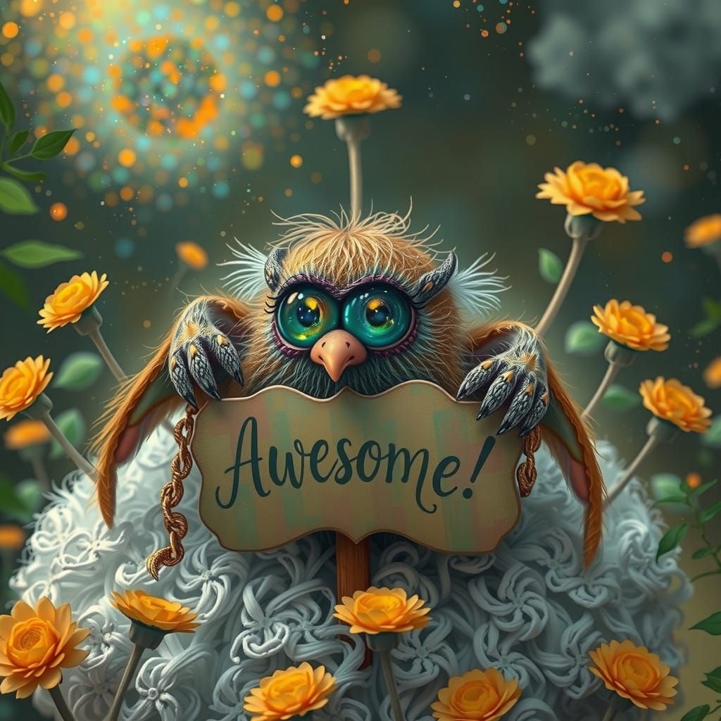 Whimsical, Ethereal Creature with Multicolored Eyes and Rain...