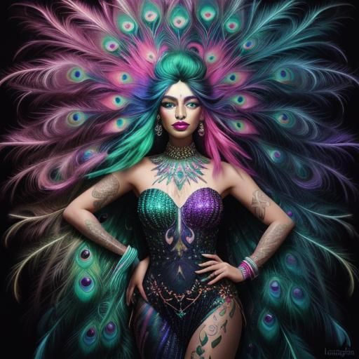 Cosmic Woman with Peacock Feathers in Psychedelic Style