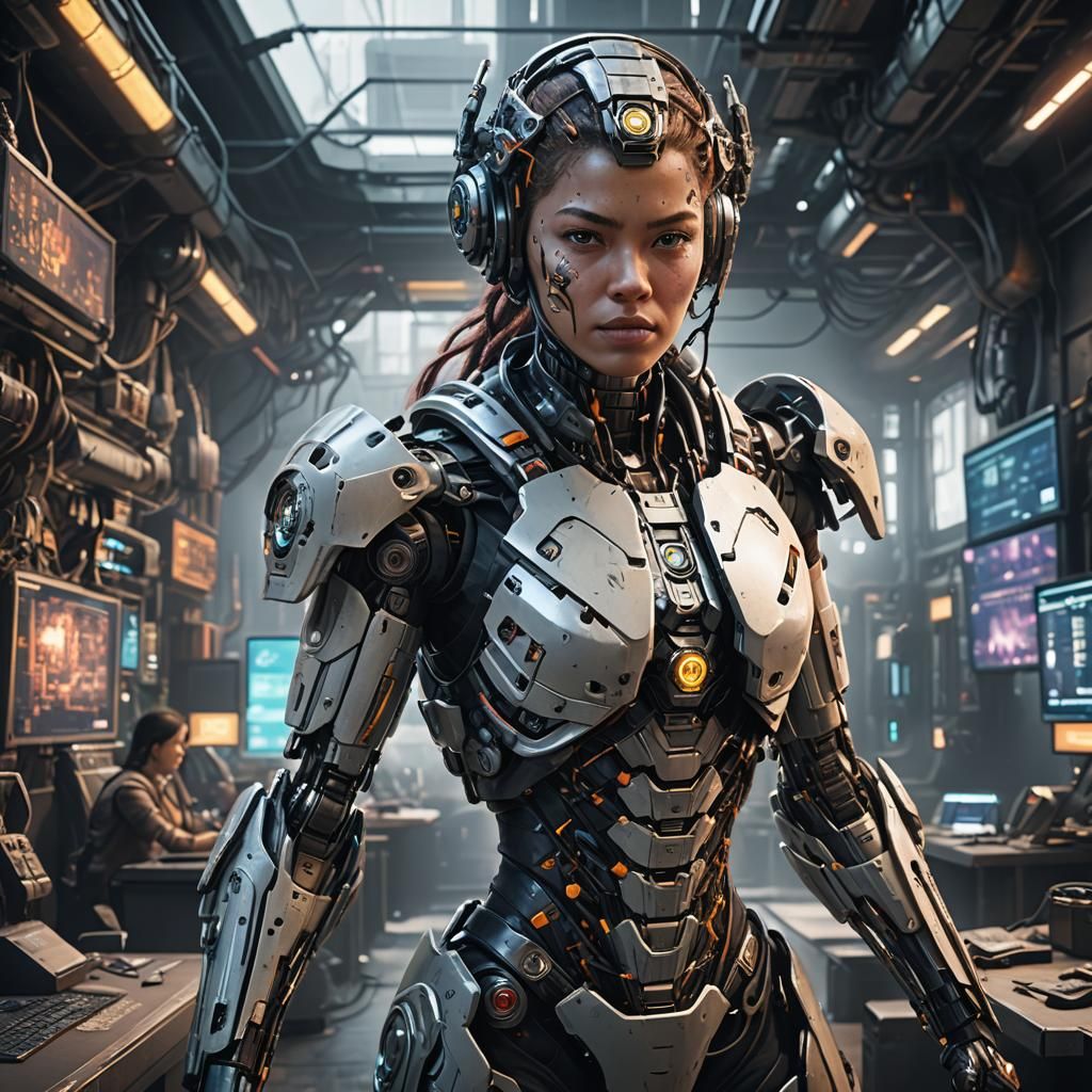 Cyborg Hacking Enemy Center in Detailed Digital Painting