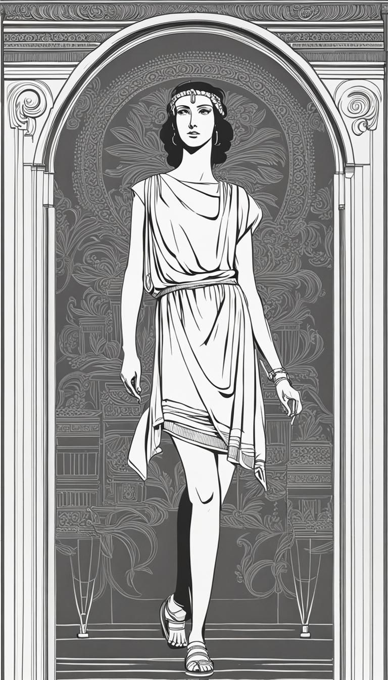 simple full-body line drawing a young roman woman in a (mini-tunic:2.0) and sandals