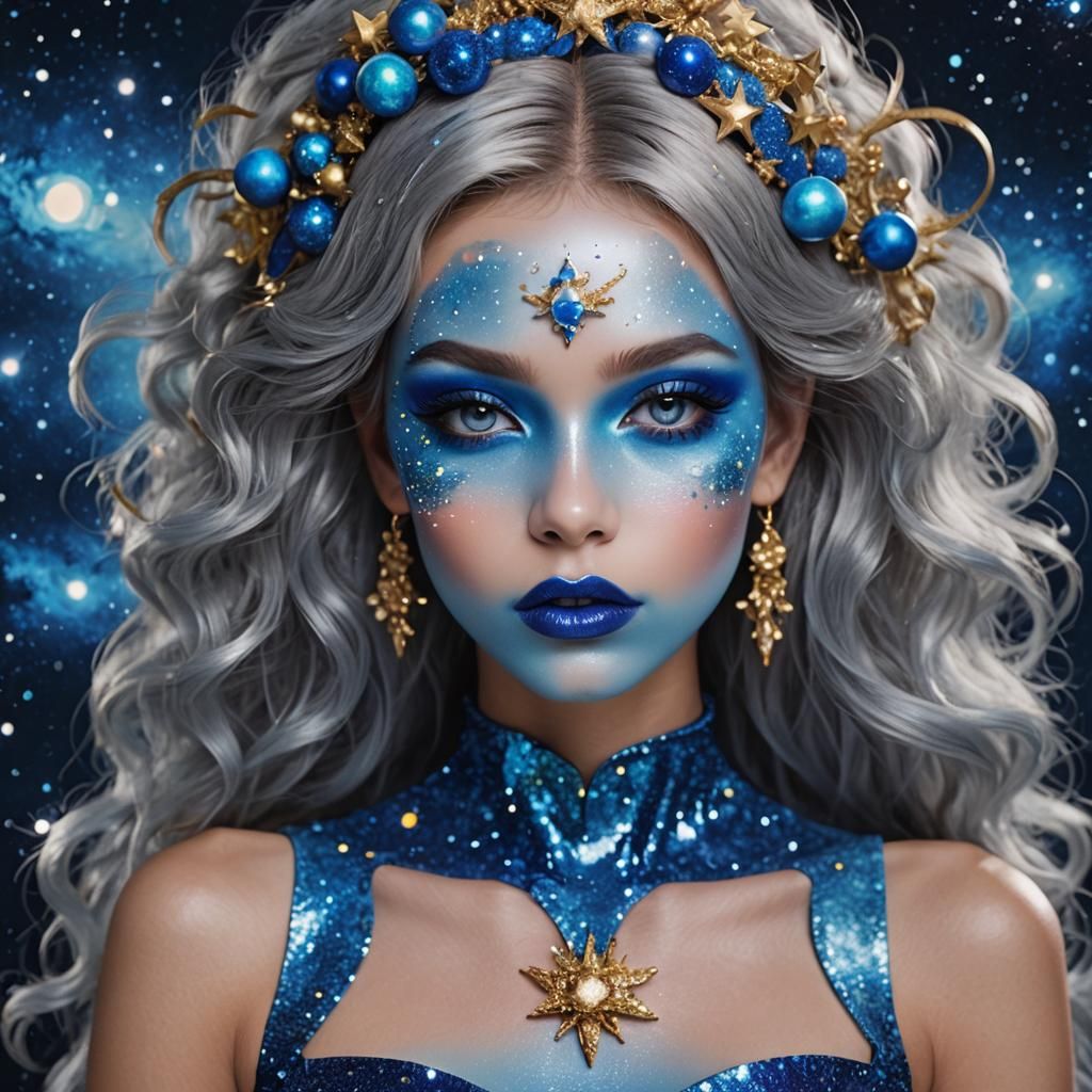 Whimsical StarChild with Galaxy Eyes and Azure Lips