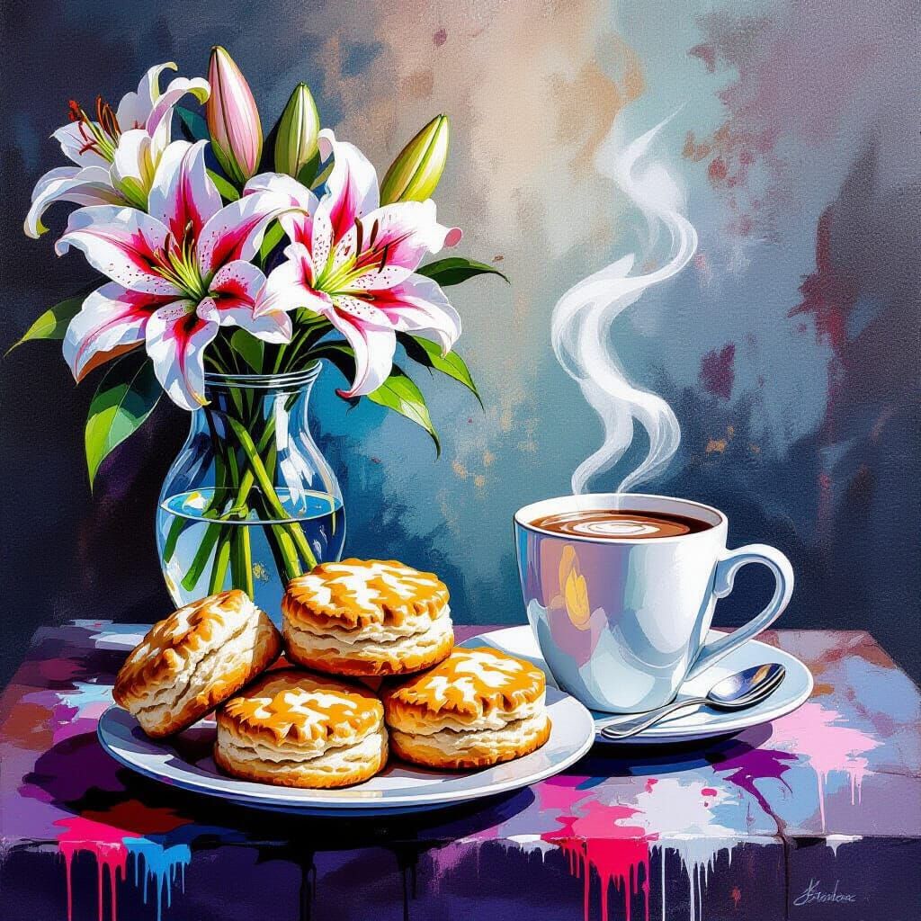 Steaming Biscuits, Hot Chocolate, and Lilies in Graffiti Art...