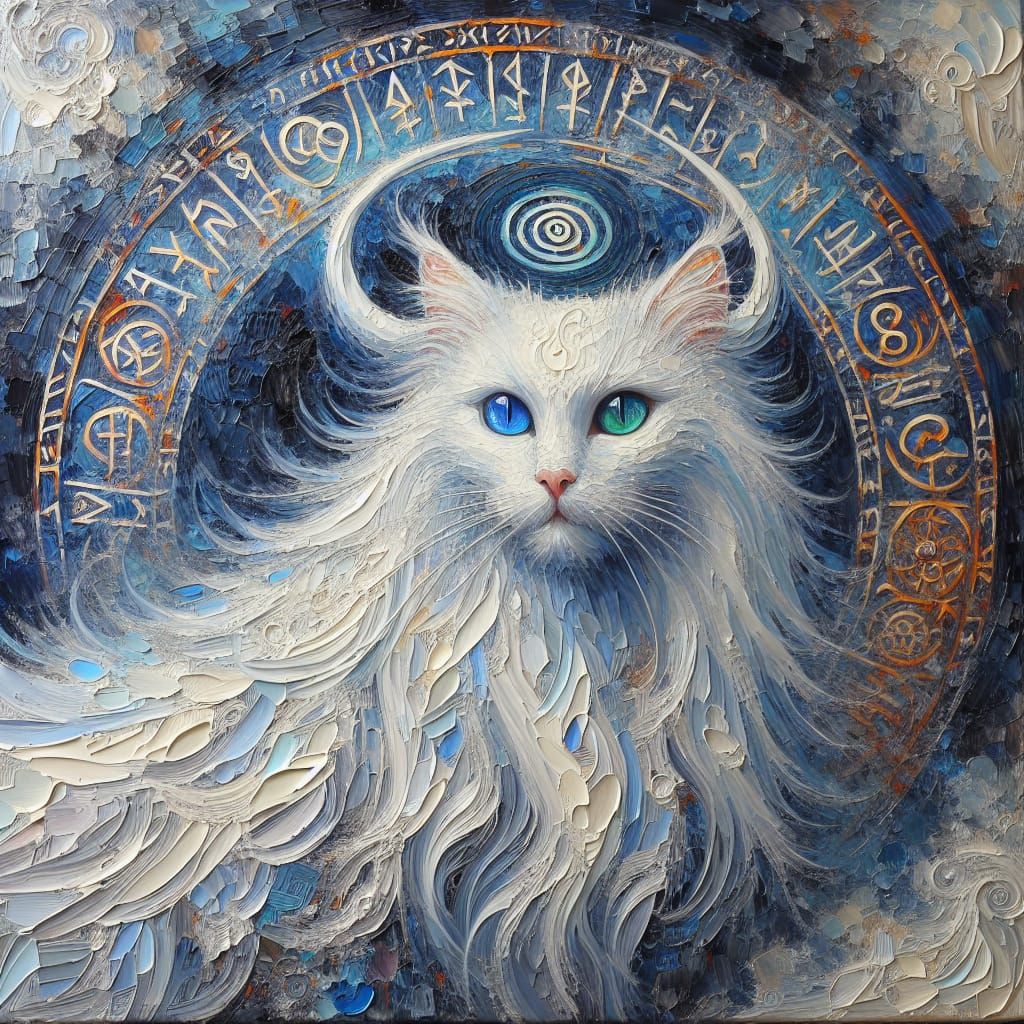 Textured impasto oil painting with thick brush strokes, palette knife. Picture of a white long hair cat with one blue ey...