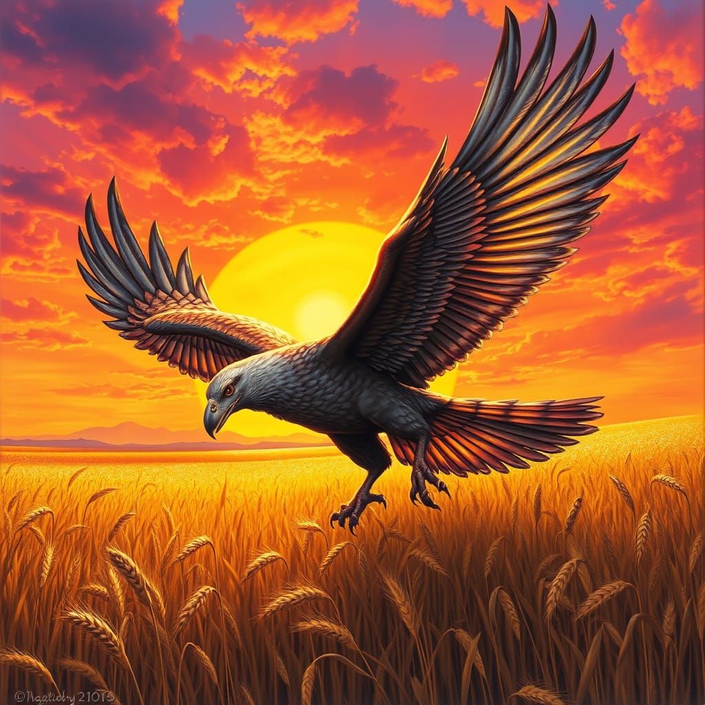 Griffon Soaring Through Sunset, Oil Painting Style