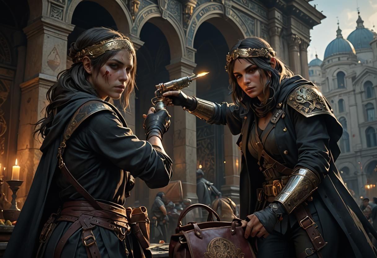 Two assassin women prepare poison for the archmage of the Ma...