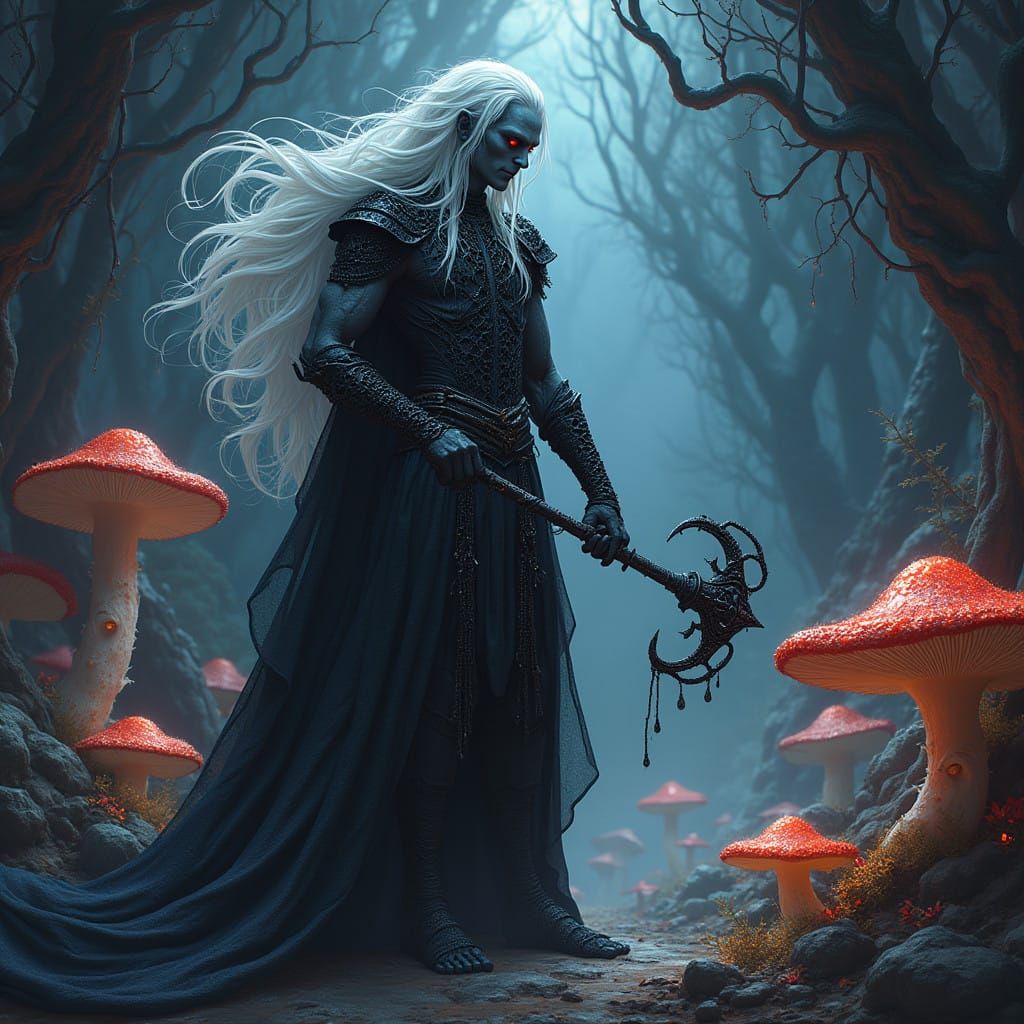 Dark Gray-Skinned Drow in Intricate Black Chainmail Armor Su...