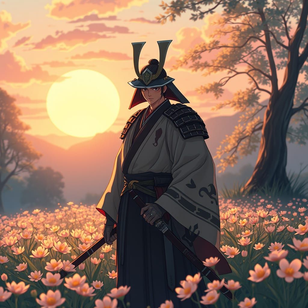 Lone Samurai in Cherry Blossom Field, Anime Style