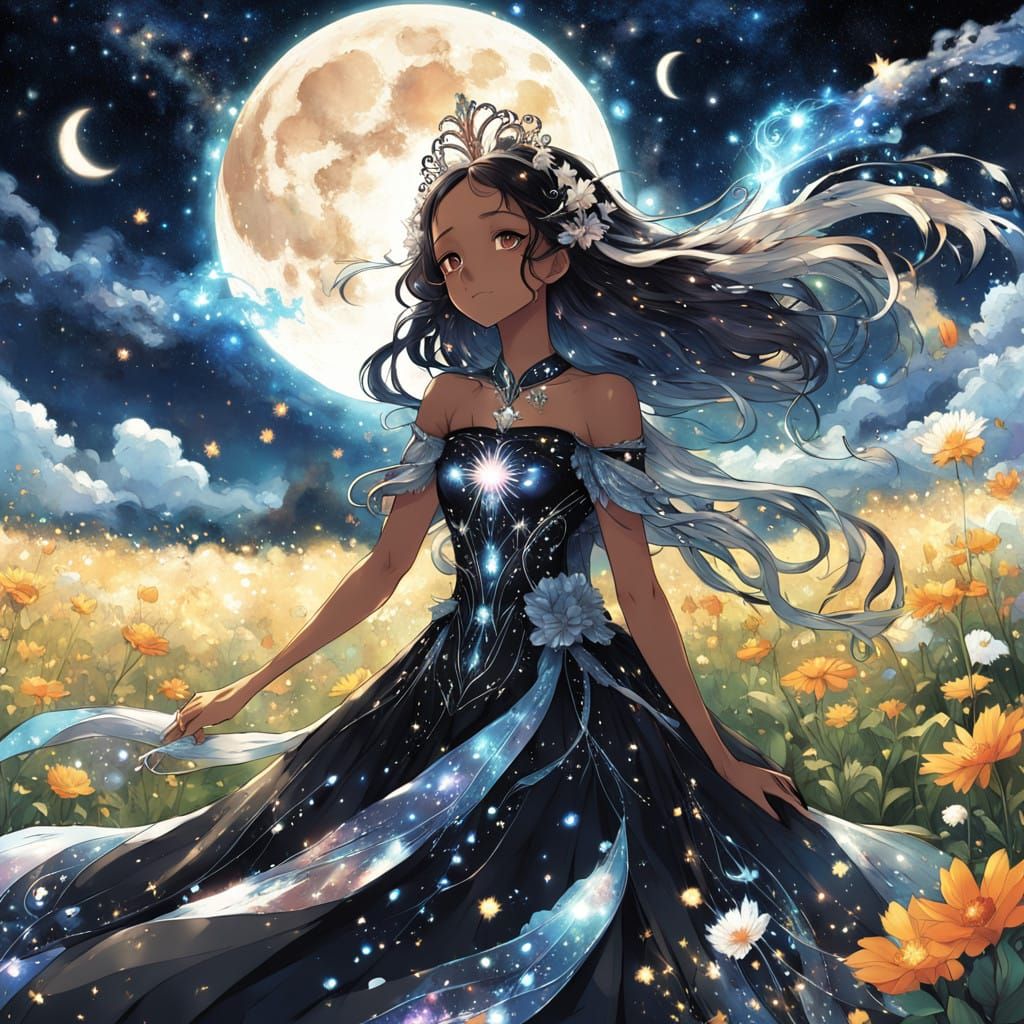 Regal Black Angel in Celestial Dress with Wings and Flowers....