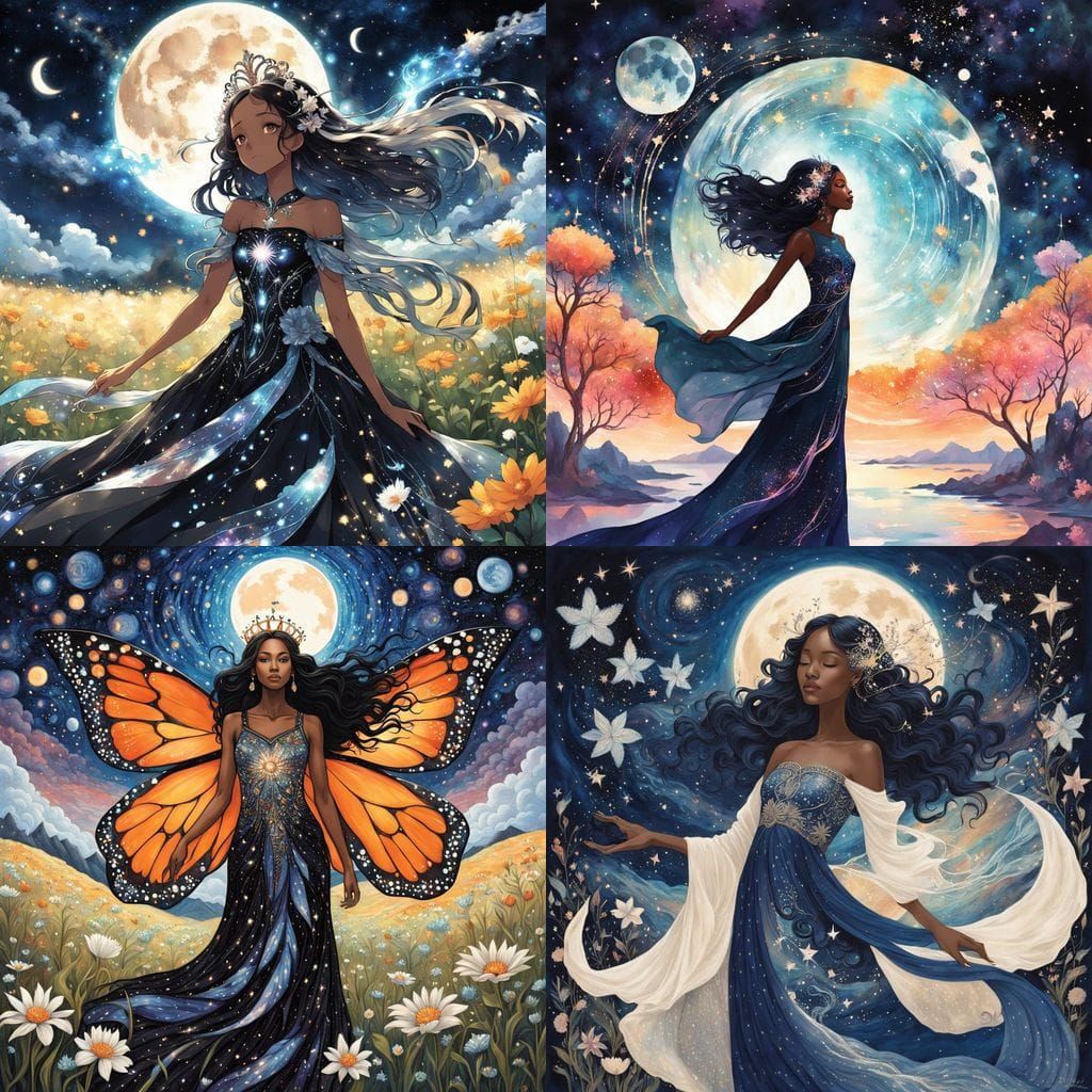 Celestial Black Angel in a Field of Flowers, Surrounded by G...