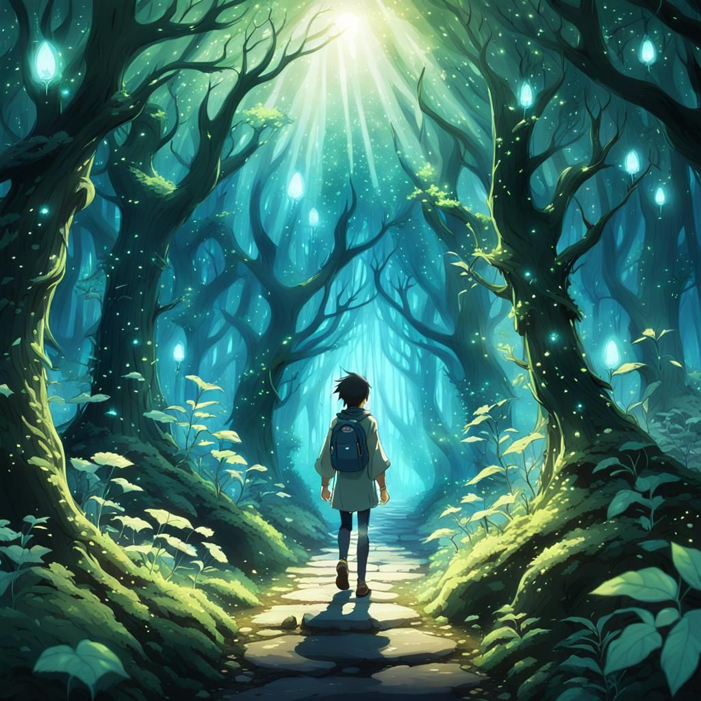 Anime Character in Ethereal Forest with Glowing Plants