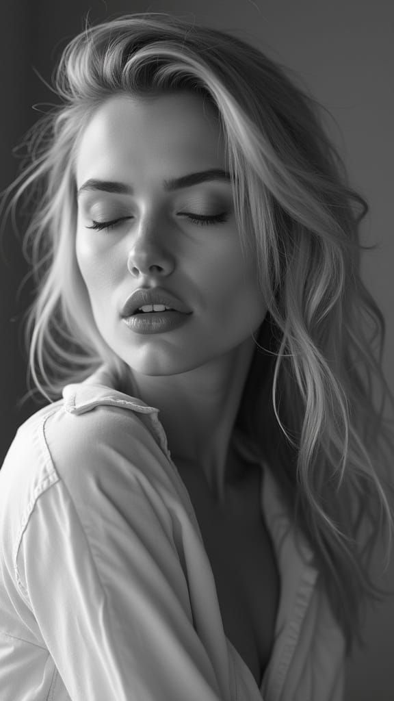 Monochrome Portrait of a Blonde Woman with Sensual Charm