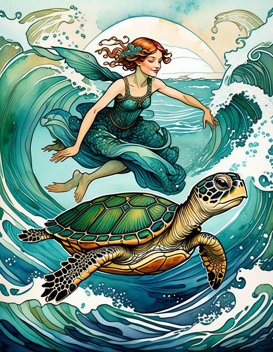 Sea Pixie's Turtle Ride: Art Nouveau Illustration