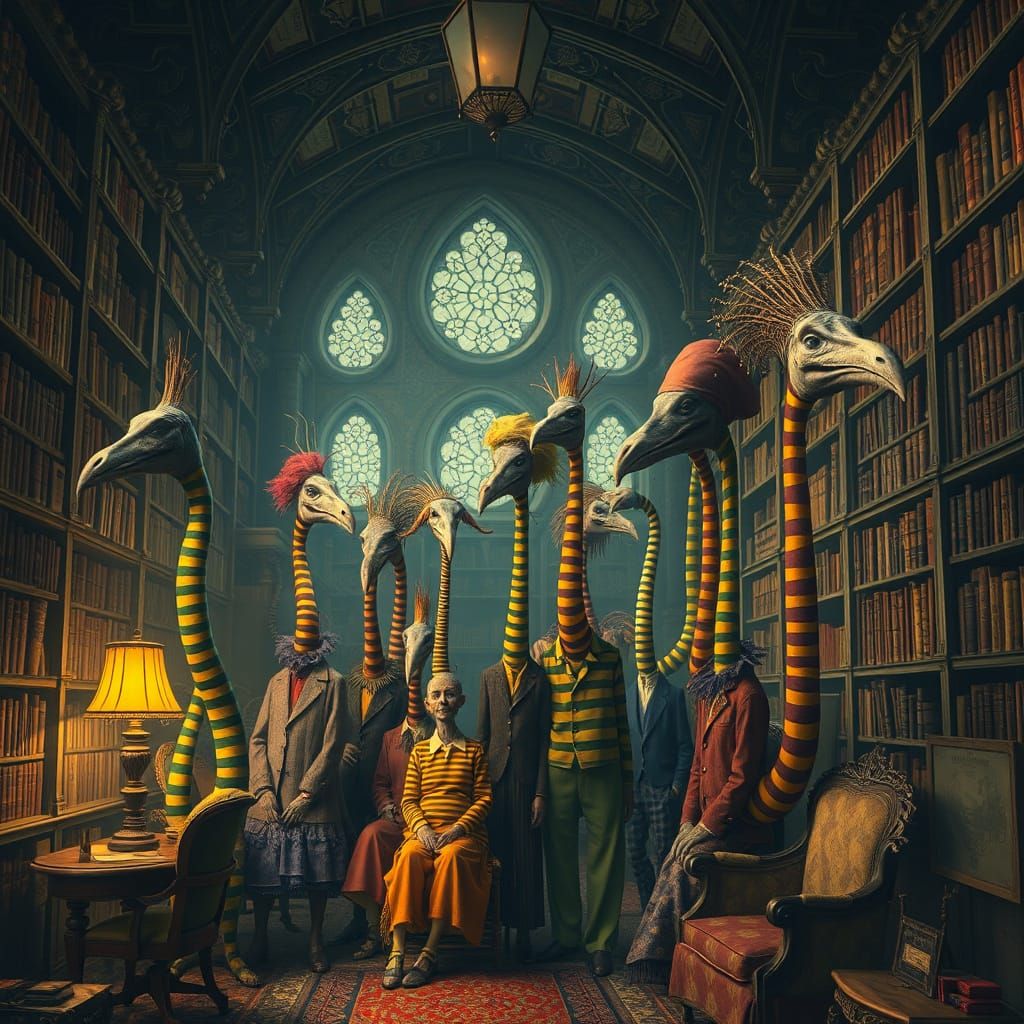 Eccentric Archduchess Family in Whimsical Library Setting