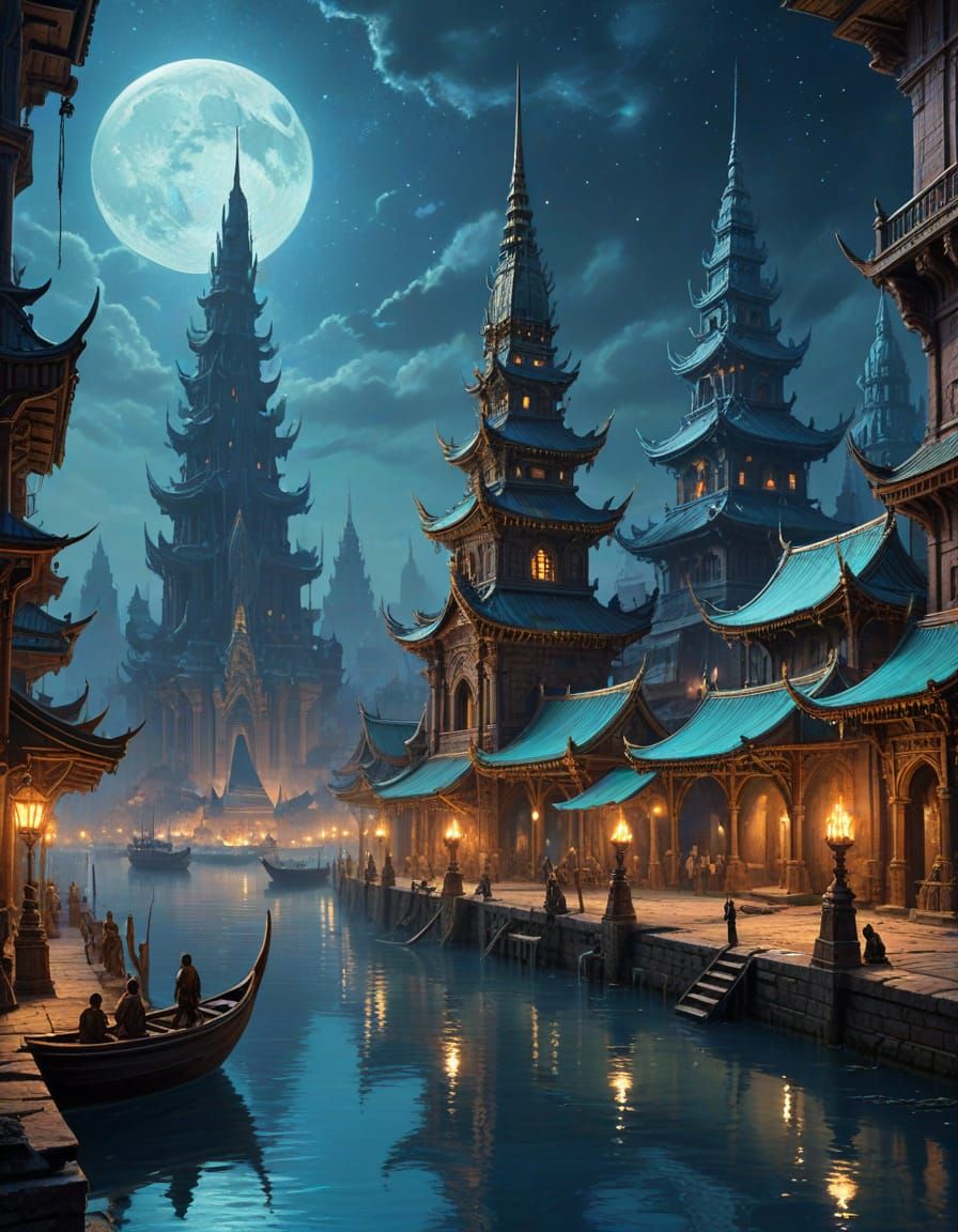 Fantasy Sailboats Sail Past Mythic Cityscape
