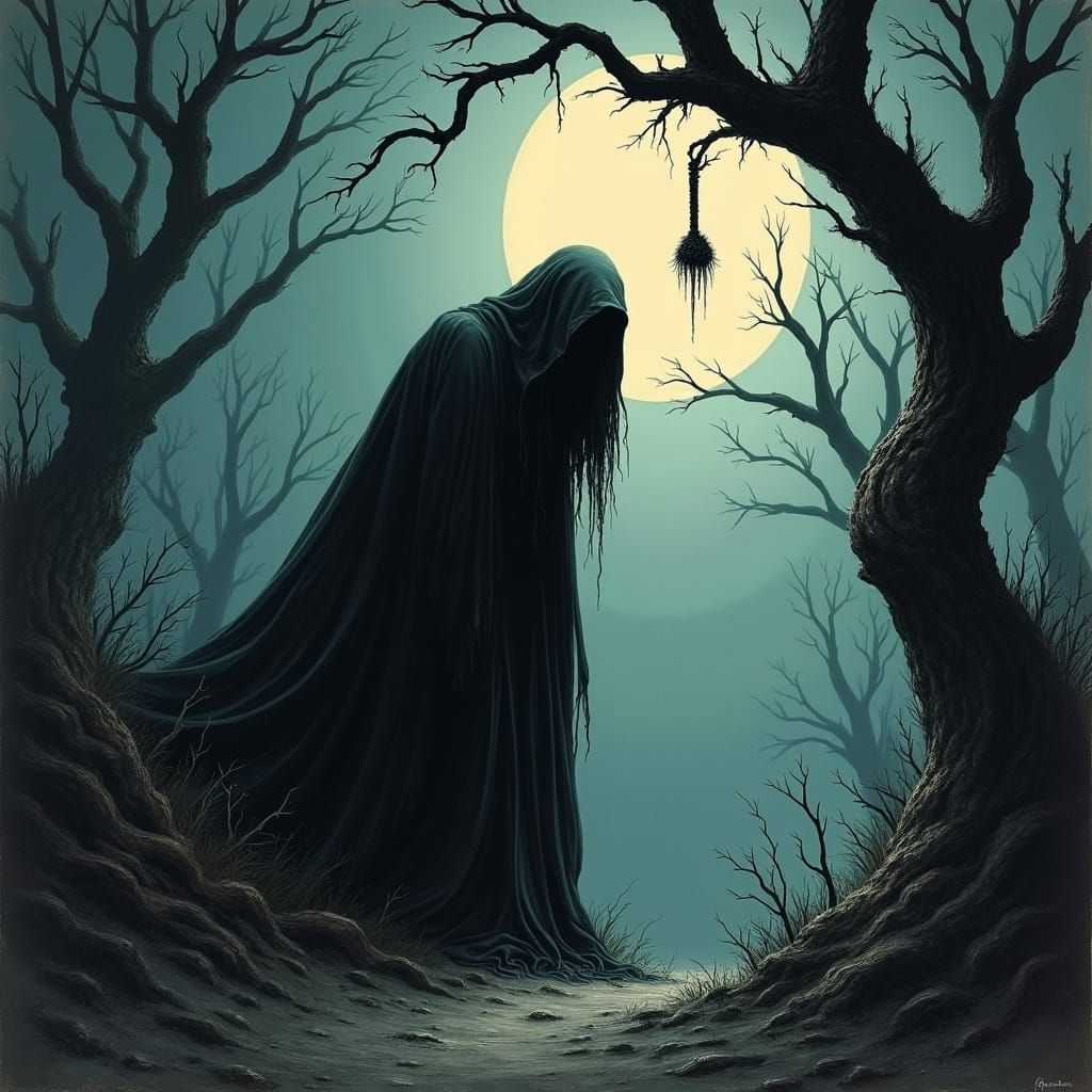 Eerie Gothic Figure in a Haunting Landscape