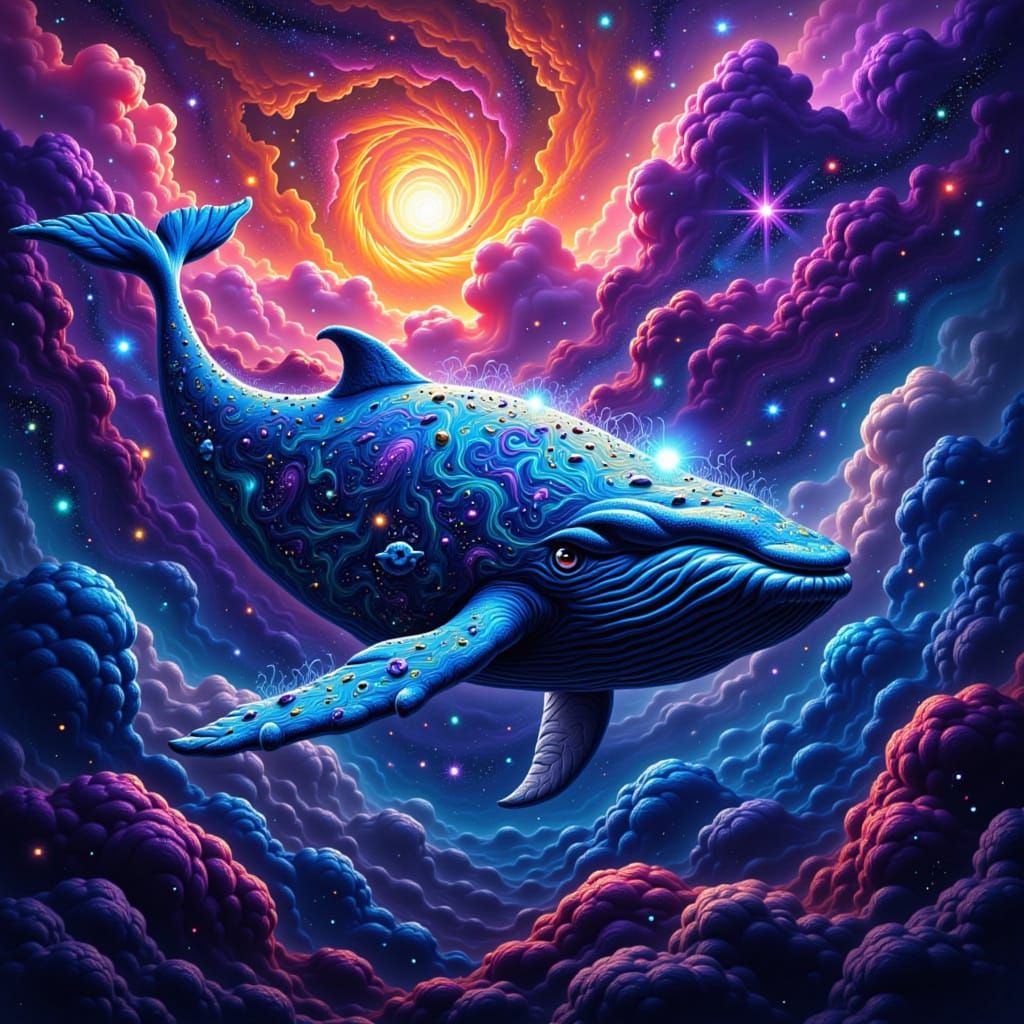 Cosmic Whale in Nebula, Adorned with Runes