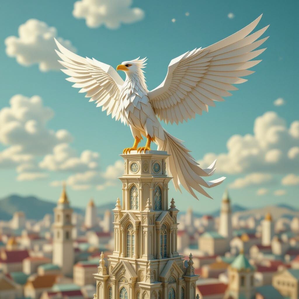 Griffin on Origami Spire in Hyperrealistic Papercraft Style