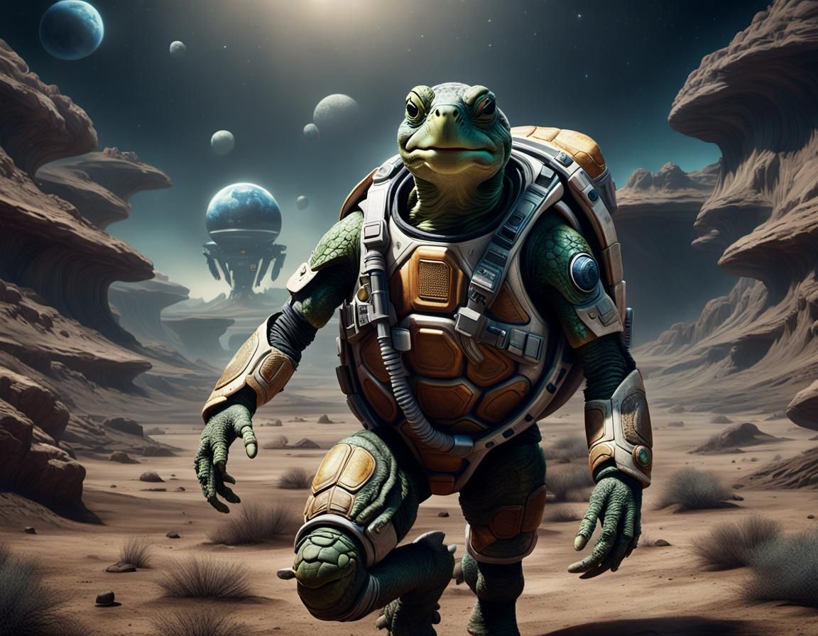 Turtle Space Explorer on Alien Planet in 16k
