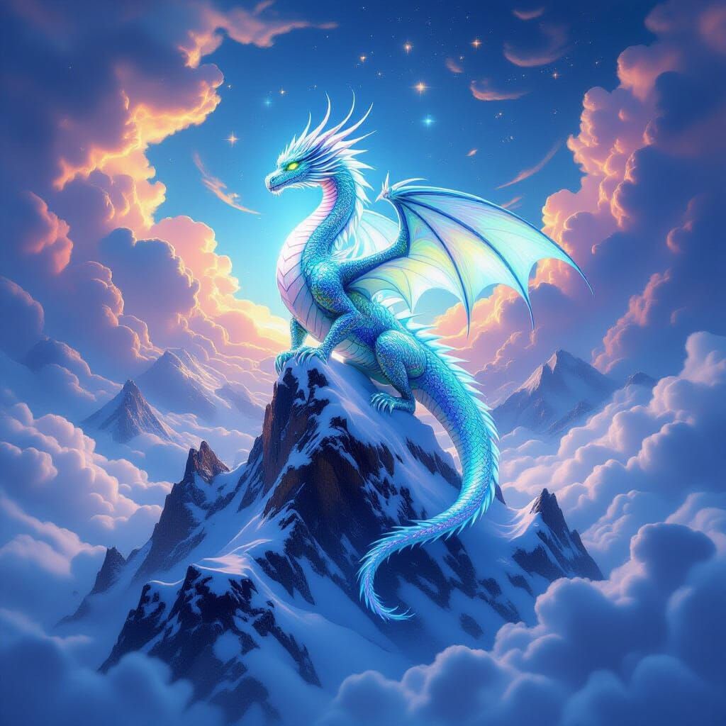 Iridescent Glass Dragon on Snowy Peak