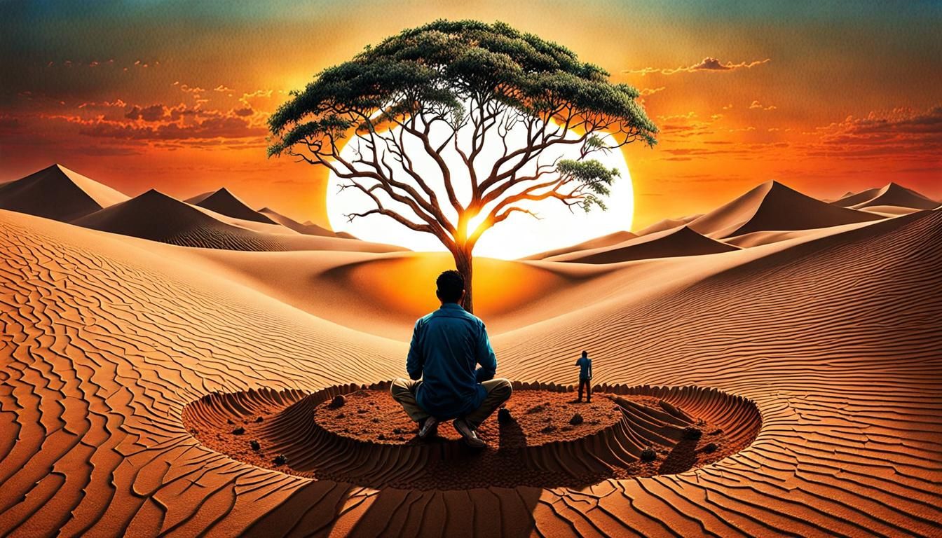 Surreal Desert Forest Drawing with Glowing Creatures