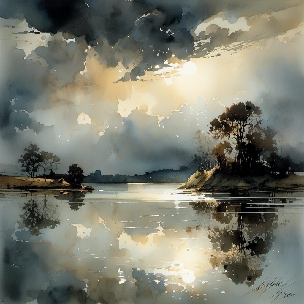 Mighty Storm Cloud with Evening Light and Lightning on Lake