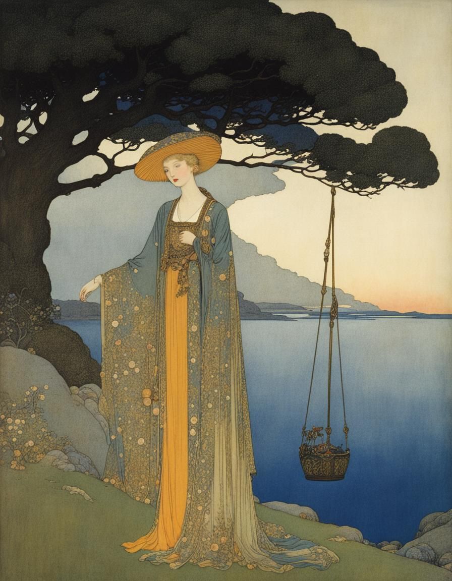 Charming Crane on Colourful Coast, Golden Age Illustration