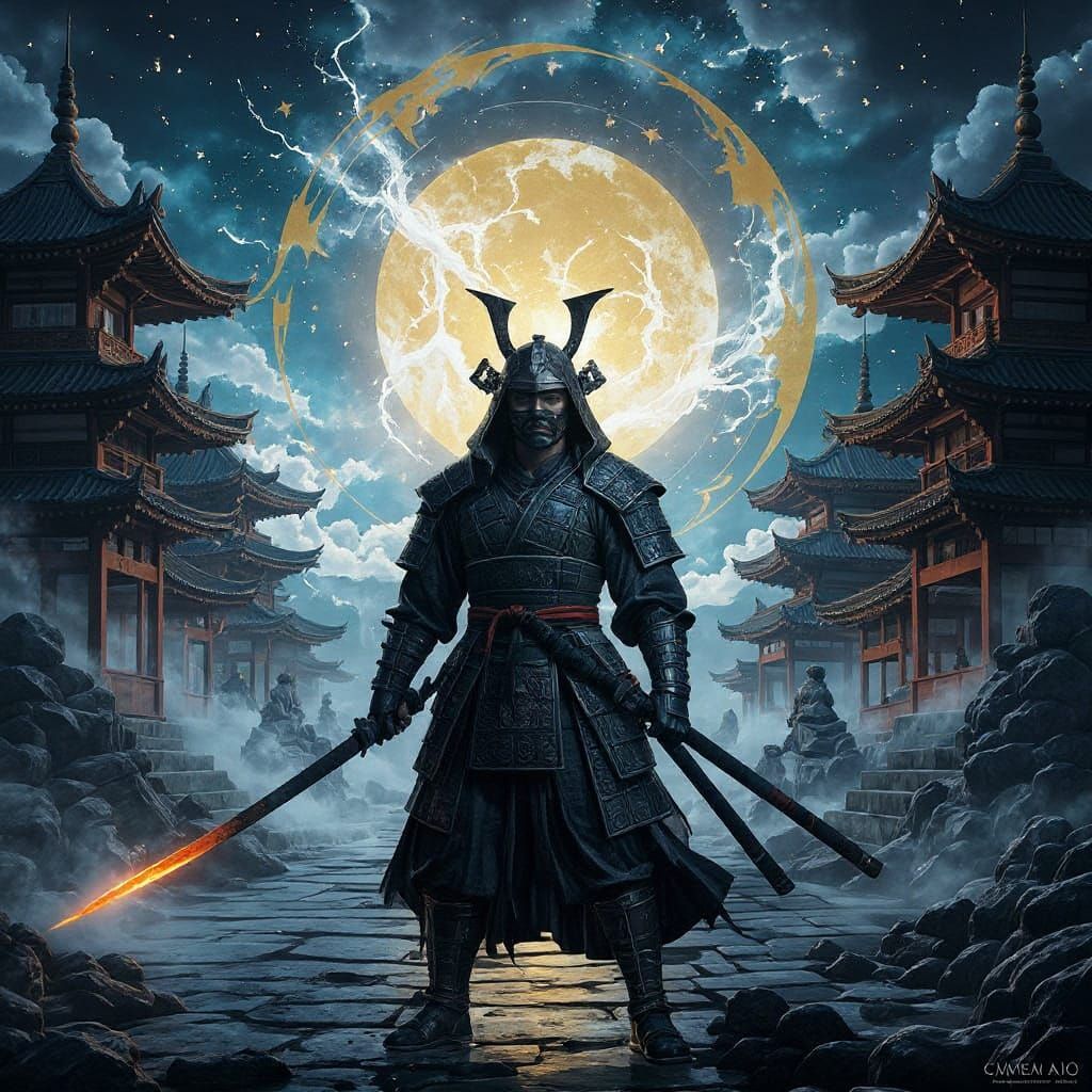Samurai Warrior with Cosmic Astral Skyline
