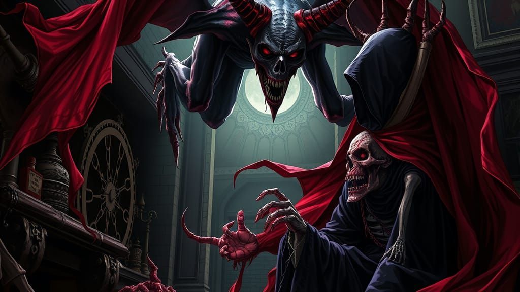 Menacing Devil Confronts Witch in Dark Academia Horror