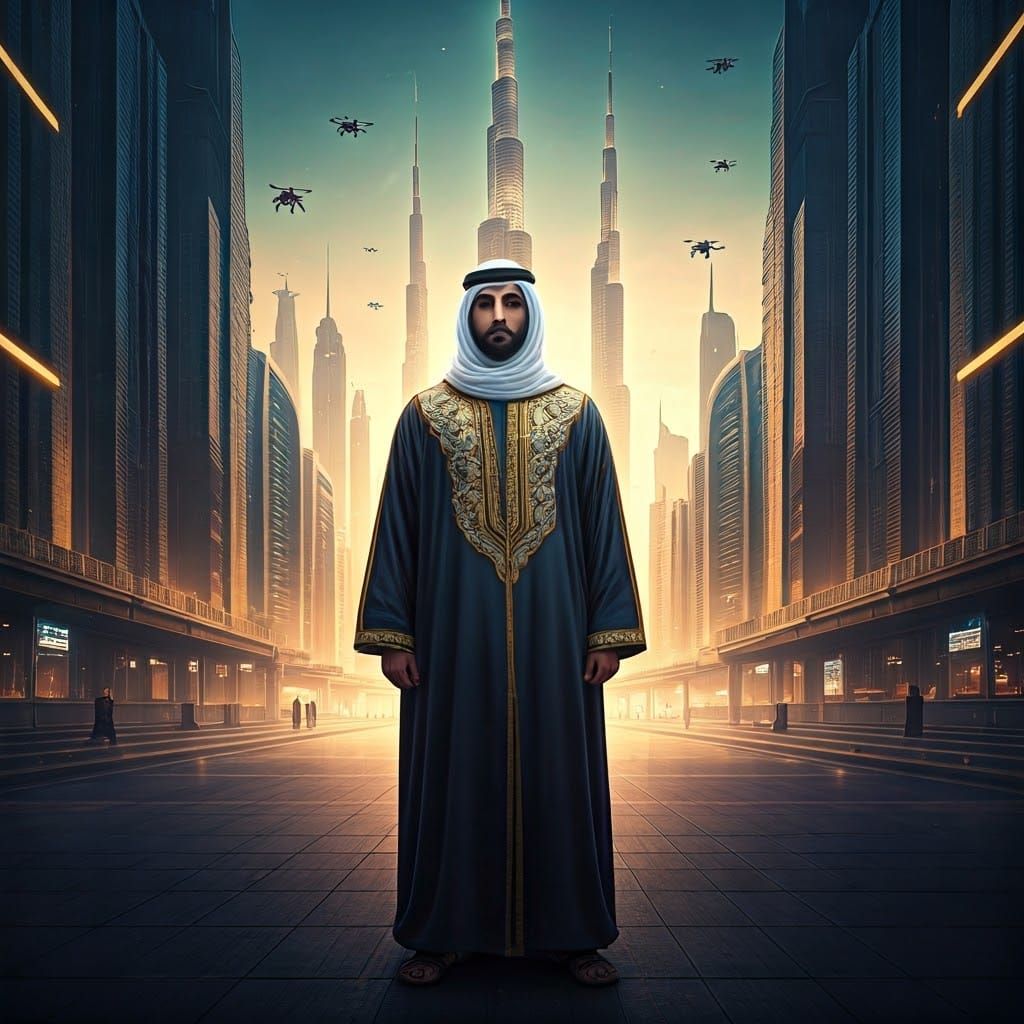 Futuristic Dubai Landscape with Traditional Emirati Figure