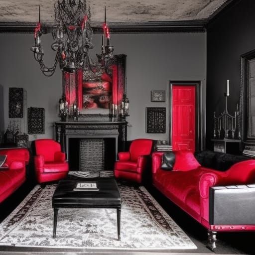 Morbid Gothic penthouse with Black walls with smoky gray accents& Black leather frames& Black leather furniture with blo...