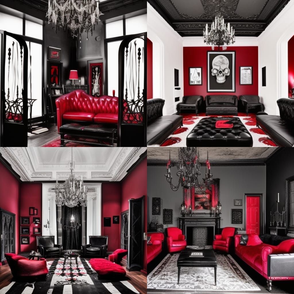 Morbid Gothic penthouse with Black walls with smoky gray accents& Black leather frames& Black leather furniture with blo...