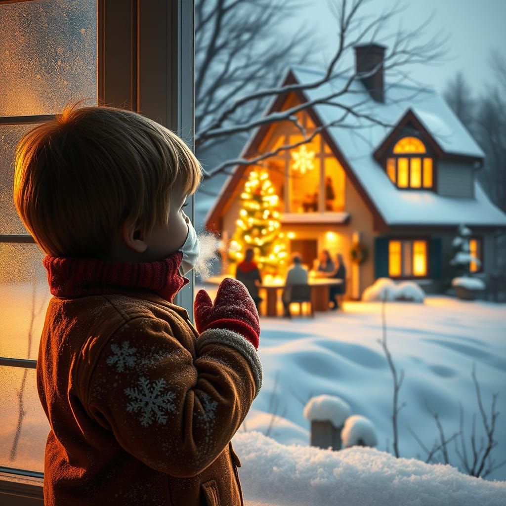 Young Girl's Wistful Gaze at a Warm Winter Wonderland