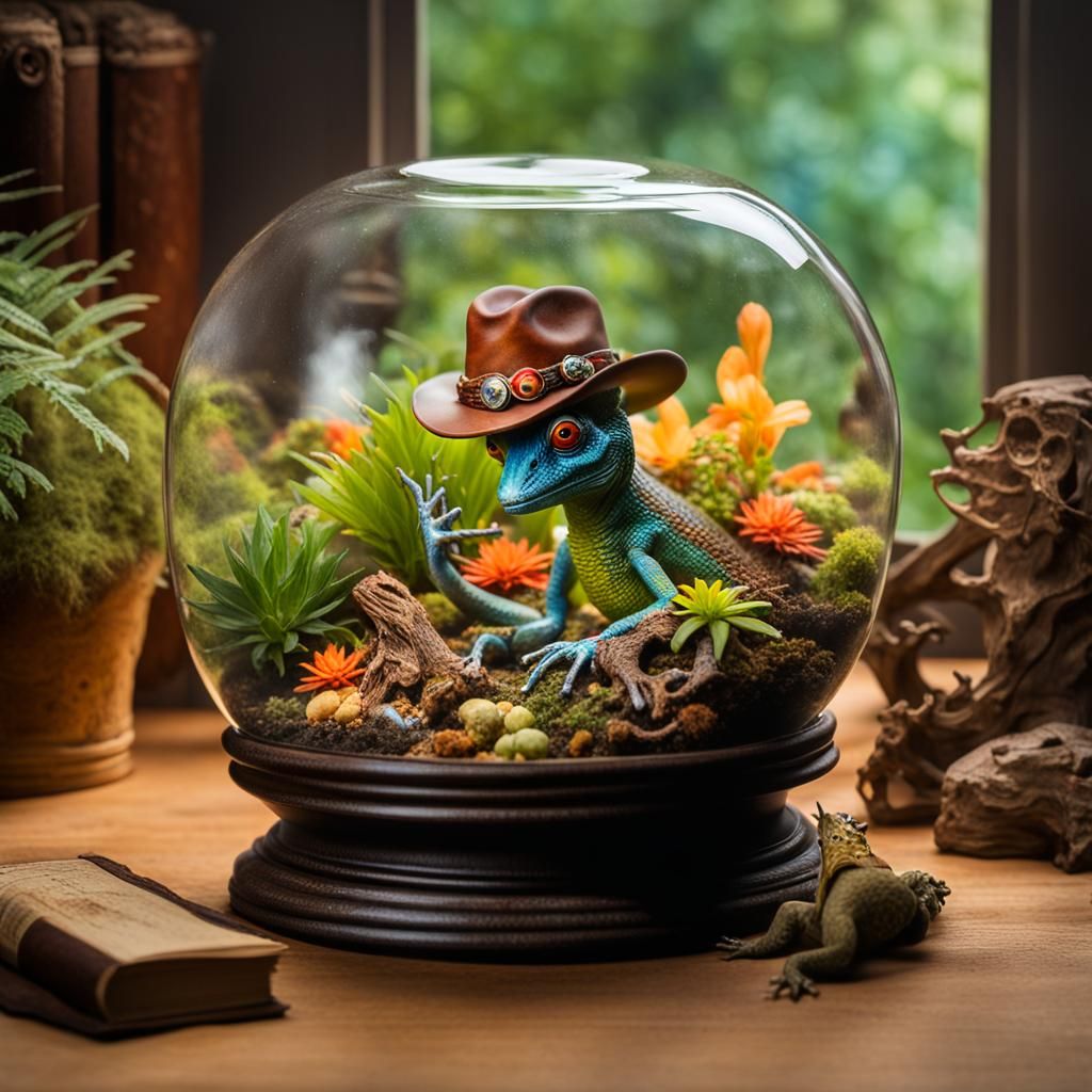 Smoking Gecko in Terrarium: Museum Exhibit