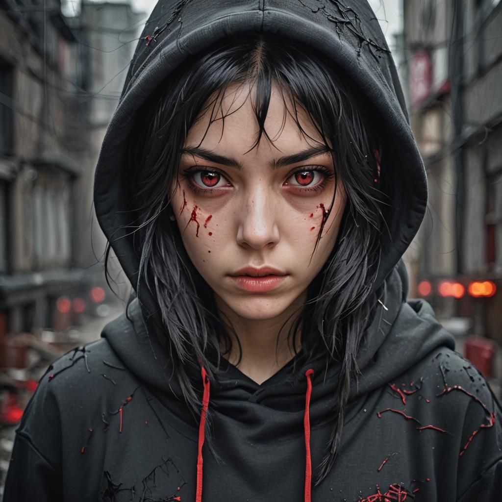 Hyperrealistic Portrait: Girl with Red Eyes