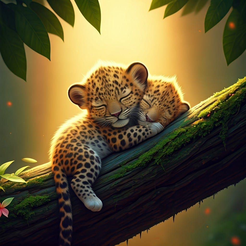 Peaceful Mother and Baby Leopard in a Vibrant Tree Oasis