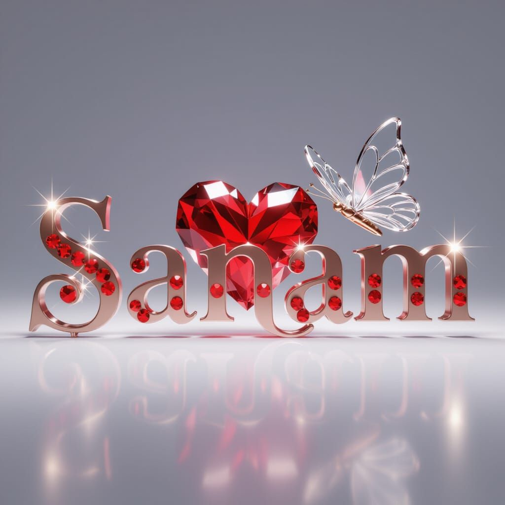 Elegant 3D "Sanam" Logo with Crystals and Butterfly