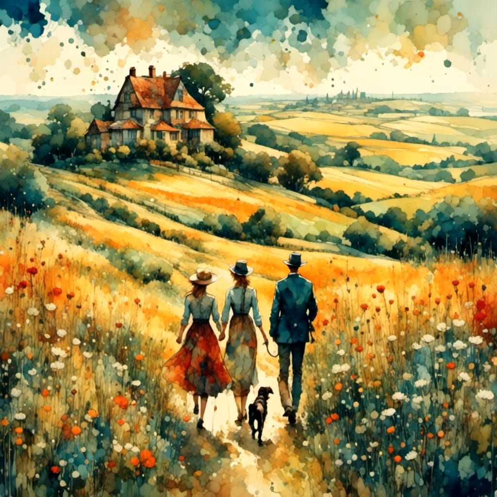 English Countryside Scene with Couple and Dog