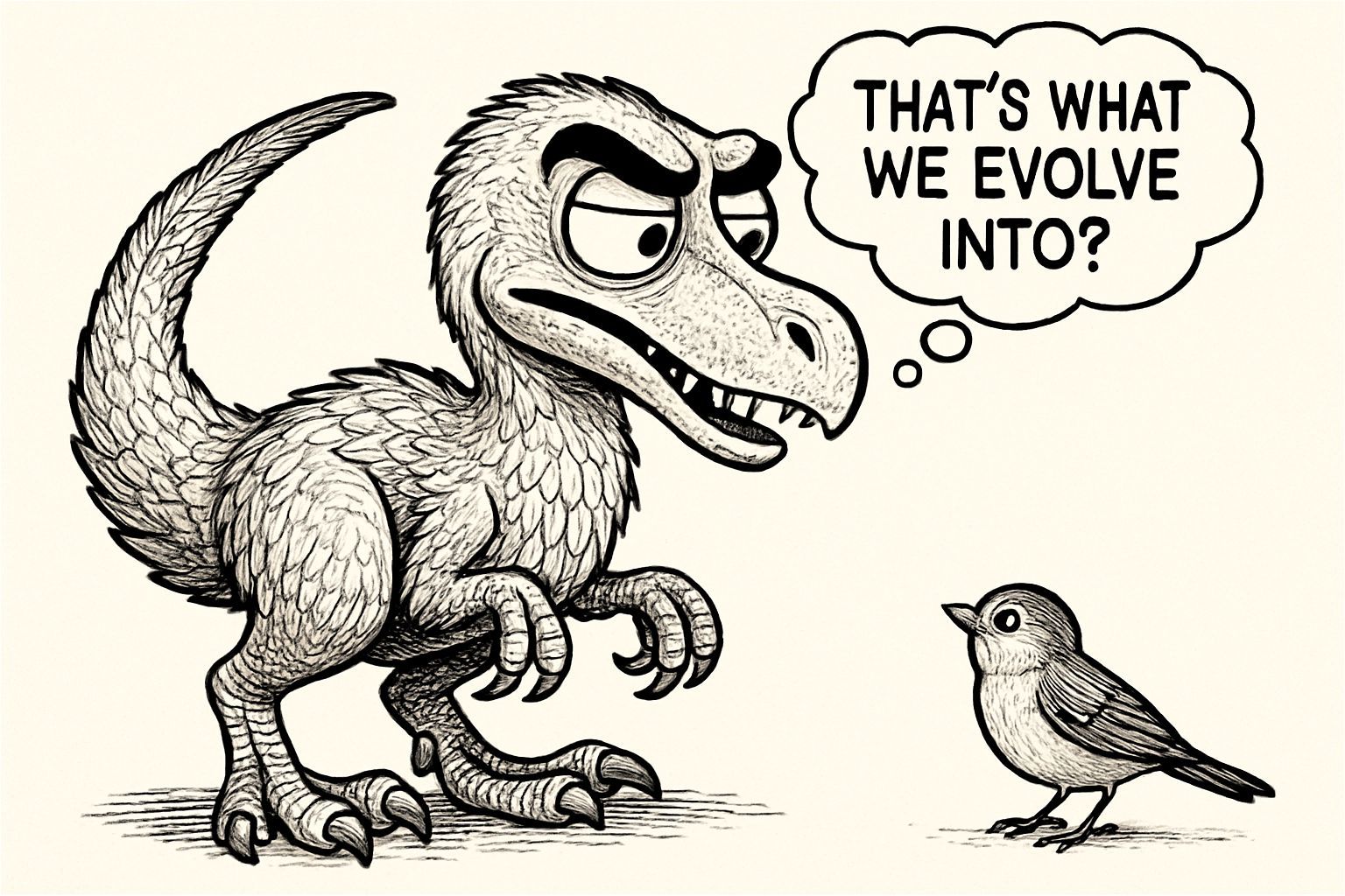 Velociraptor Meets Sparrow in Whimsical Cartoon
