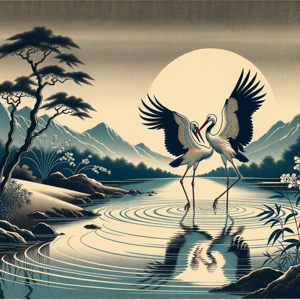 Storks Dancing by River in Ukiyo-e Style