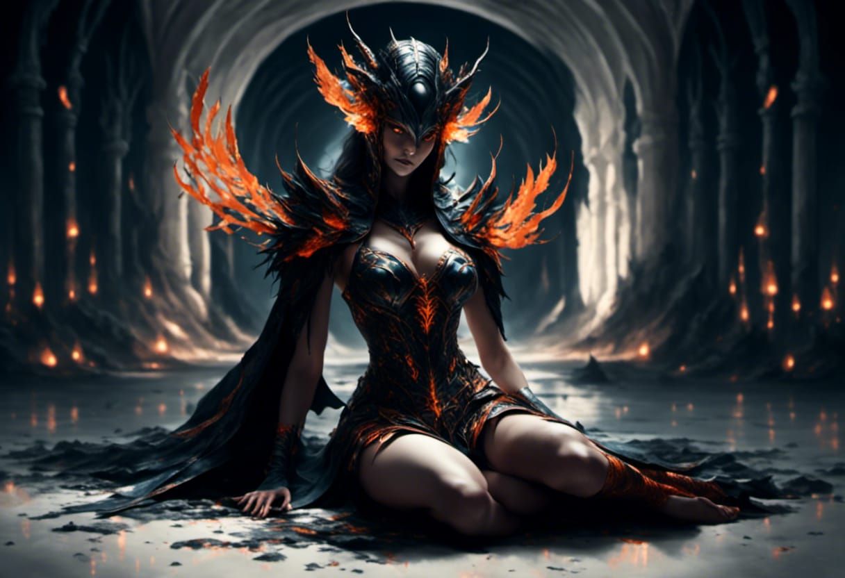 Confident Hellhound Monster Girl with Blue Fire Eyes