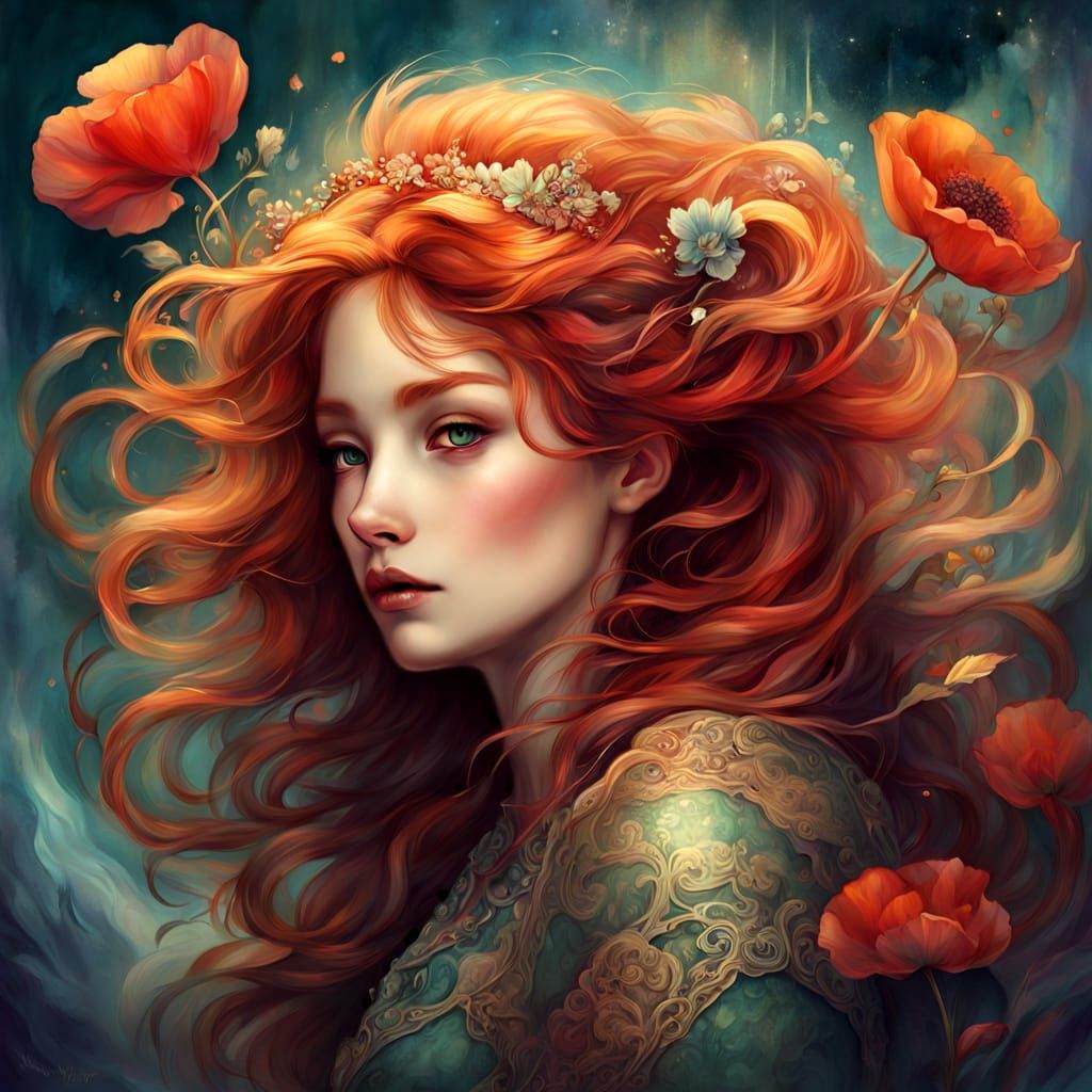 Squirrel with Fiery Red Hair in Fantasy Portrait