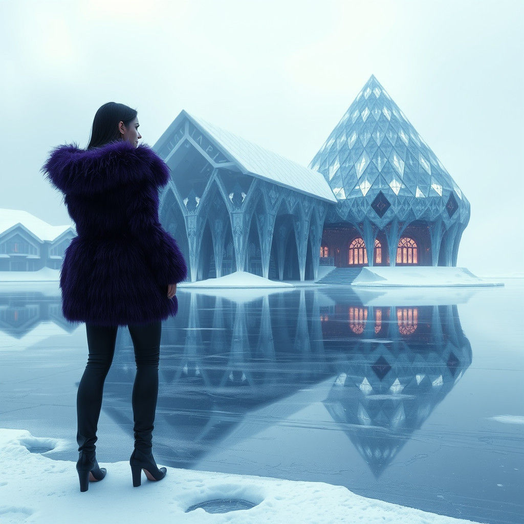 Woman and Diamond House in Matte Painting Style