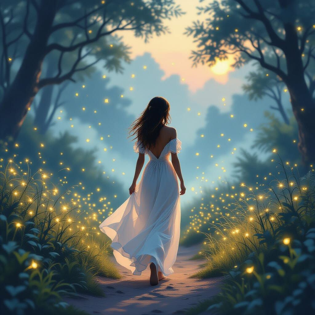 Ethereal Woman in Summer Fantasy Landscape