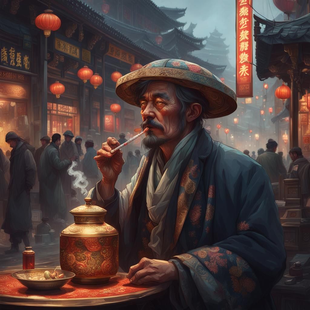 Shanghai Opium Addict Portrait in Art Nouveau Style