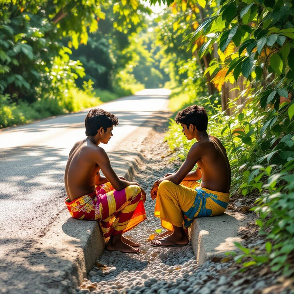 Sri Lankan Youth Relaxing by Gravel Road in Sun-Drenched Sty...