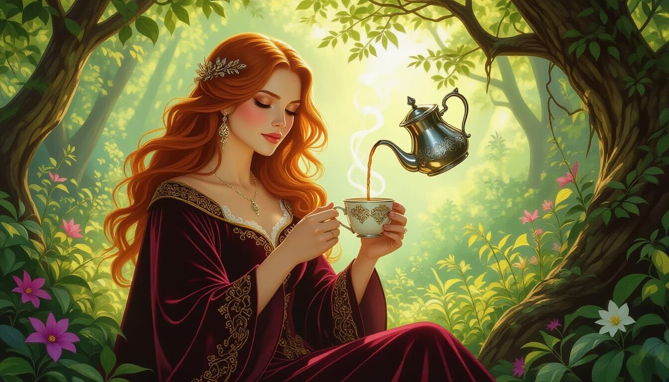 Fantasy Mage Served Coffee by Floating Pot in Pre-Raphaelite...