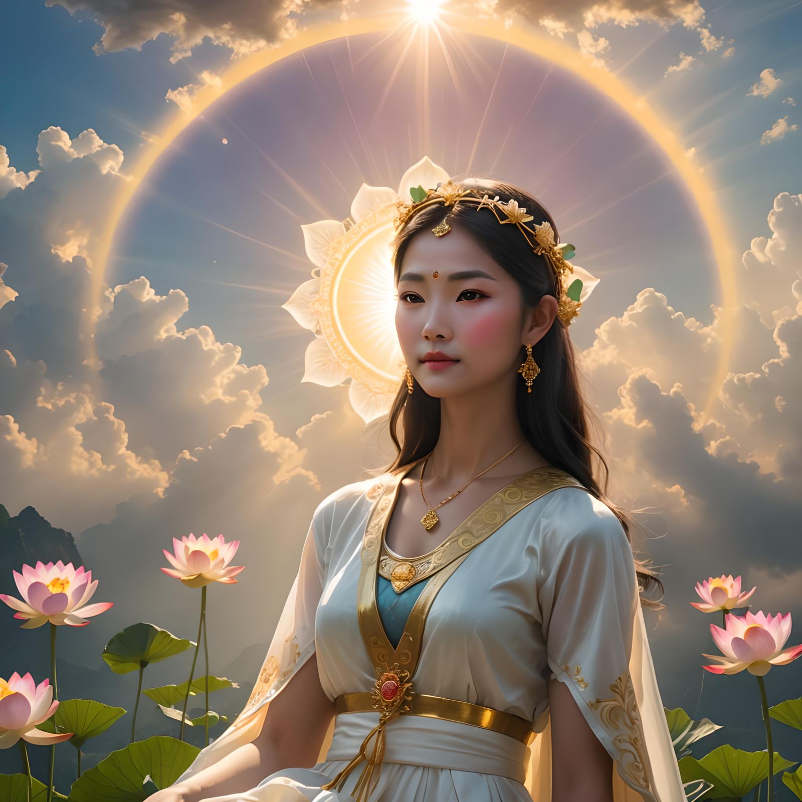 Guanyin with Halo on Lotus Flower