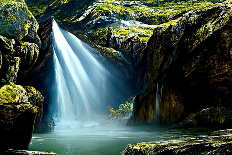 Cave Entrance Waterfall in Dark Fantasy Style
