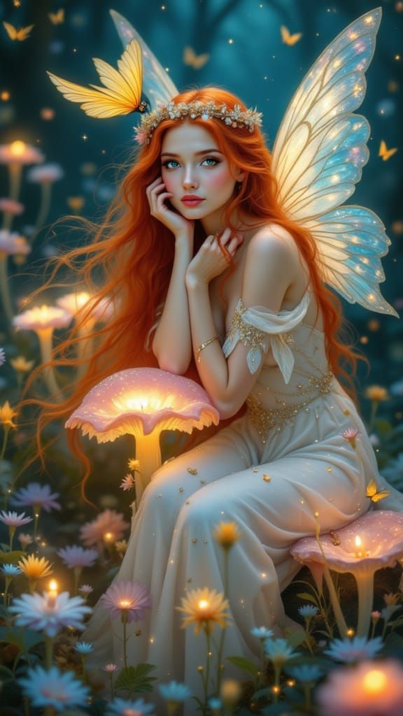 Whimsical Fairy in Bioluminescent Forest, Watercolor Art