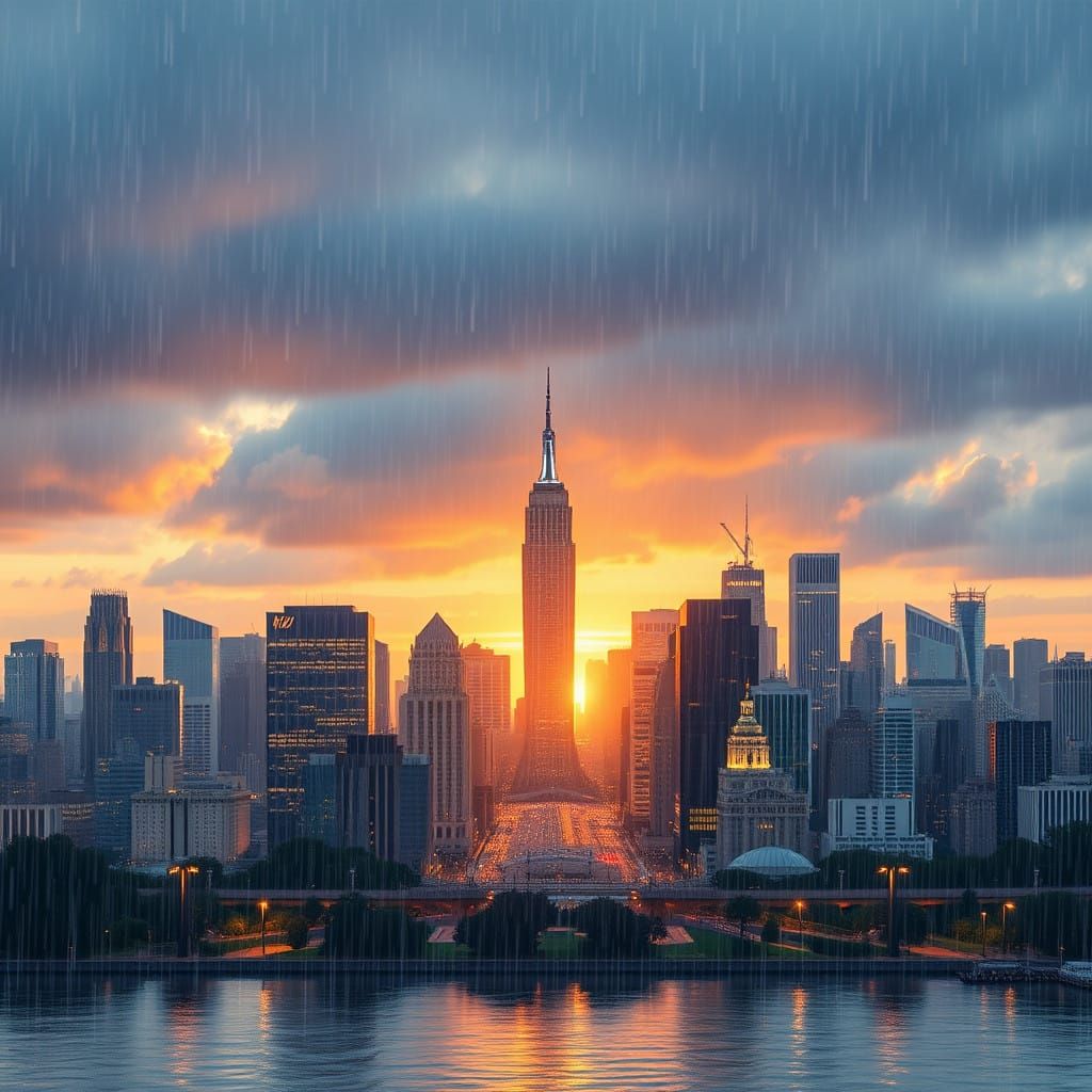 Cyberpunk Metropolis Amidst a Rainy Sky